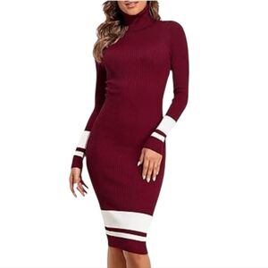 Pretty Guide Ribbed Turtle Neck Midi Burgundy Dress Size S
